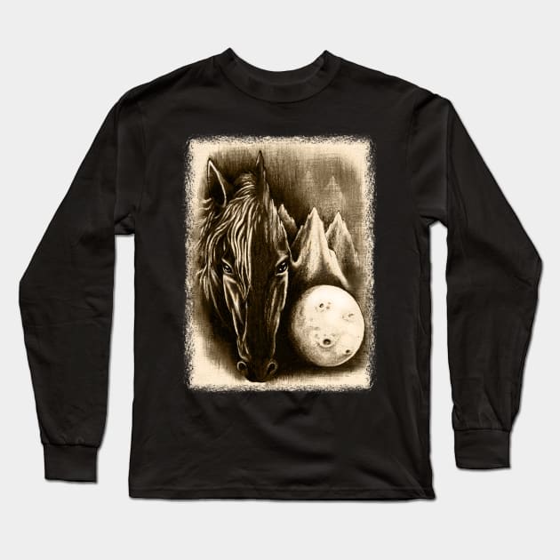 The Dark Side - Surreal Black Horse and Moon Long Sleeve T-Shirt by BluedarkArt